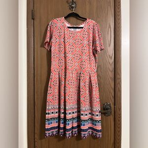 *WORN ONCE* LuLaRoe Salmon and Blue Patterned Midi Dress With Pockets